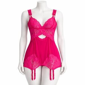 NEW Victoria’s Secret Hot Pink Lace Babydoll Lingerie Garter Chemise 34C NWOT